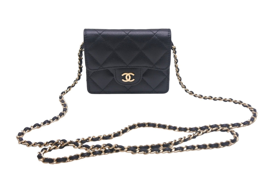 極美品 シャネル CHANEL 31番台 ココマーク マトラッセ ミニチェーンウォレット カード入れ ブラック キャビアスキン 中古 4c069121