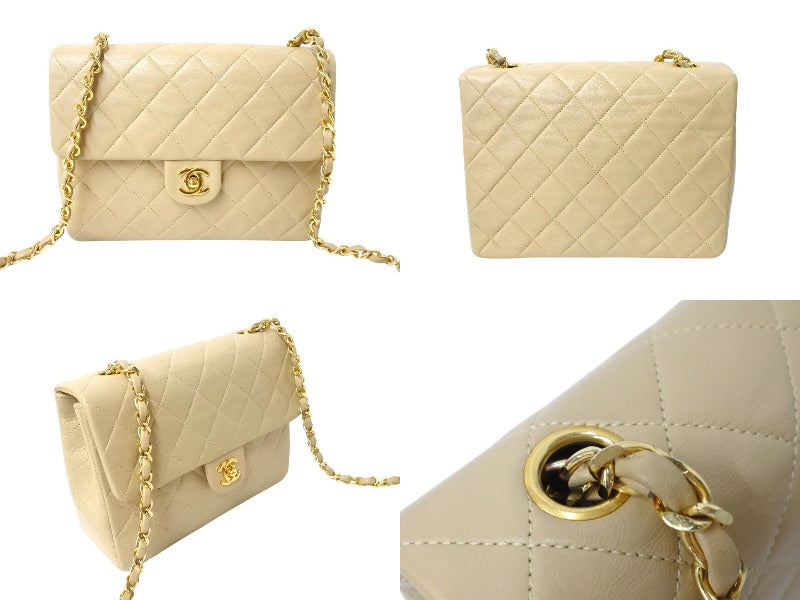 極美品 CHANEL シャネル チェーンショルダーバッグ ミニマトラッセ ラムスキン 1番台 1990年 ココマーク ベージュ ゴールド金具 中古 4c069400