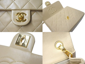 極美品 CHANEL シャネル チェーンショルダーバッグ ミニマトラッセ ラムスキン 1番台 1990年 ココマーク ベージュ ゴールド金具 中古 4c069400