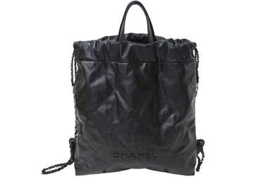 CHANEL シャネル 22 リュック バックパック AS3313 カーフスキン オールブラック ロゴプレート キルティング 美品 中古 4c069521