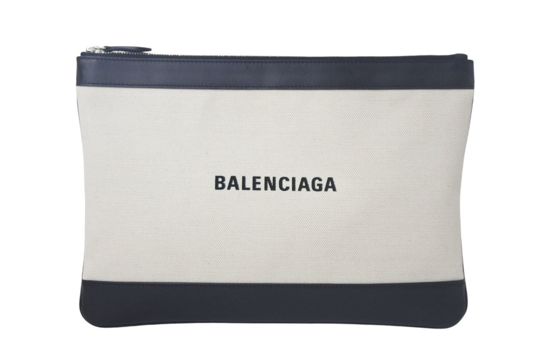 BALENCIAGA バレンシアガ クラッチバッグ ロゴ 568024 イタリア製 キャンバス レザー ホワイト ブラック シルバー金具 美品 中古 4c068620