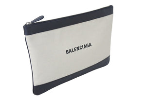 BALENCIAGA バレンシアガ クラッチバッグ ロゴ 568024 イタリア製 キャンバス レザー ホワイト ブラック シルバー金具 美品 中古 4c068620