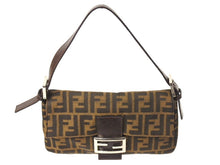 画像をギャラリービューアに読み込む, FENDI フェンディ マンマバケット ワンショルダーバッグ ズッカ柄 コットンキャンバス レザー シルバー金具 ブラウン 美品 中古 4c069819