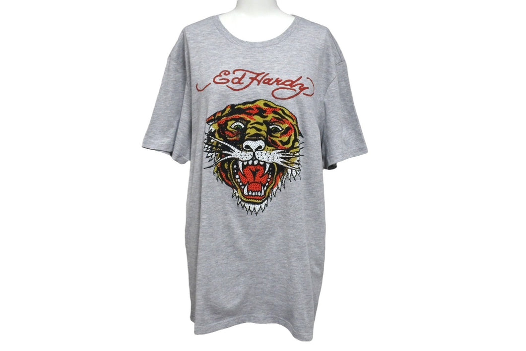 新品未使用 Ed Hardy エドハーディ タイガー 半袖Ｔシャツ コットン ラインストーン グレー マルチカラー サイズＭ 美品 中古 4c069858