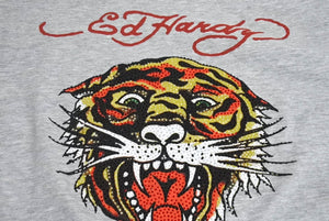 新品未使用 Ed Hardy エドハーディ タイガー 半袖Ｔシャツ コットン ラインストーン グレー マルチカラー サイズＭ 美品 中古 4c069858