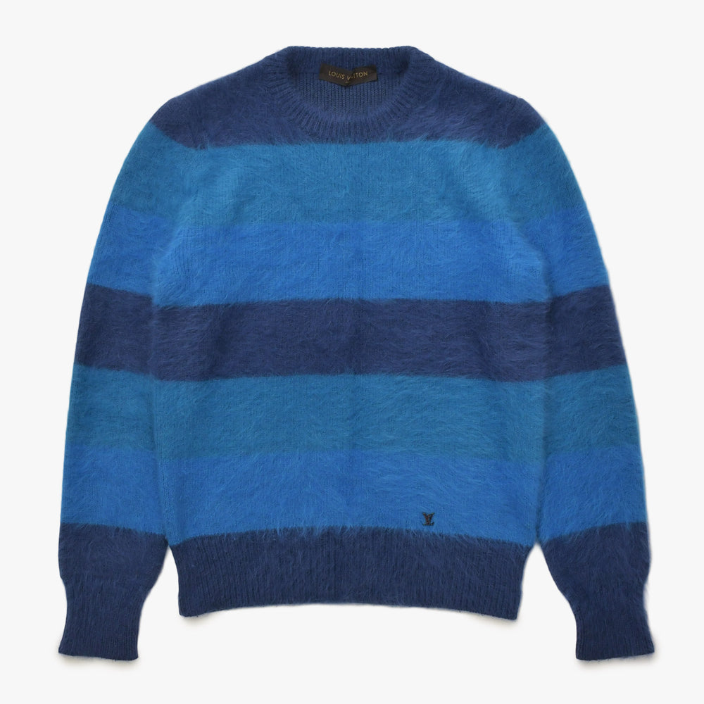 極美品 LOUIS VUITTON ルイヴィトン アンゴラ カシミヤ混 シャギーボーダーニット H6N69WF62 Mサイズ ブルー ネイビー メタル金具 中古 4a007049