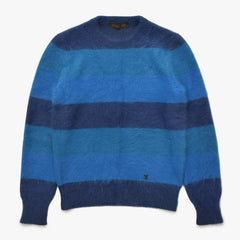 極美品 LOUIS VUITTON ルイヴィトン アンゴラ カシミヤ混 シャギーボーダーニット H6N69WF62 Mサイズ ブルー ネイビー メタル金具 中古 4a007049