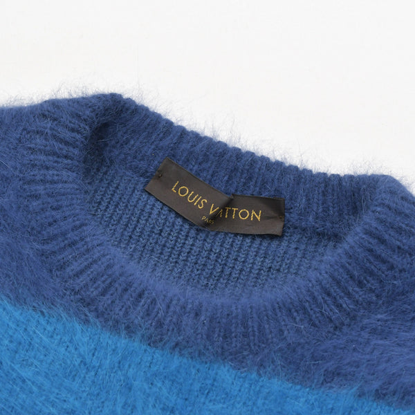 極美品 LOUIS VUITTON ルイヴィトン アンゴラ カシミヤ混 シャギーボーダーニット H6N69WF62 Mサイズ ブルー ネイビー メタル金具 中古 4a007049