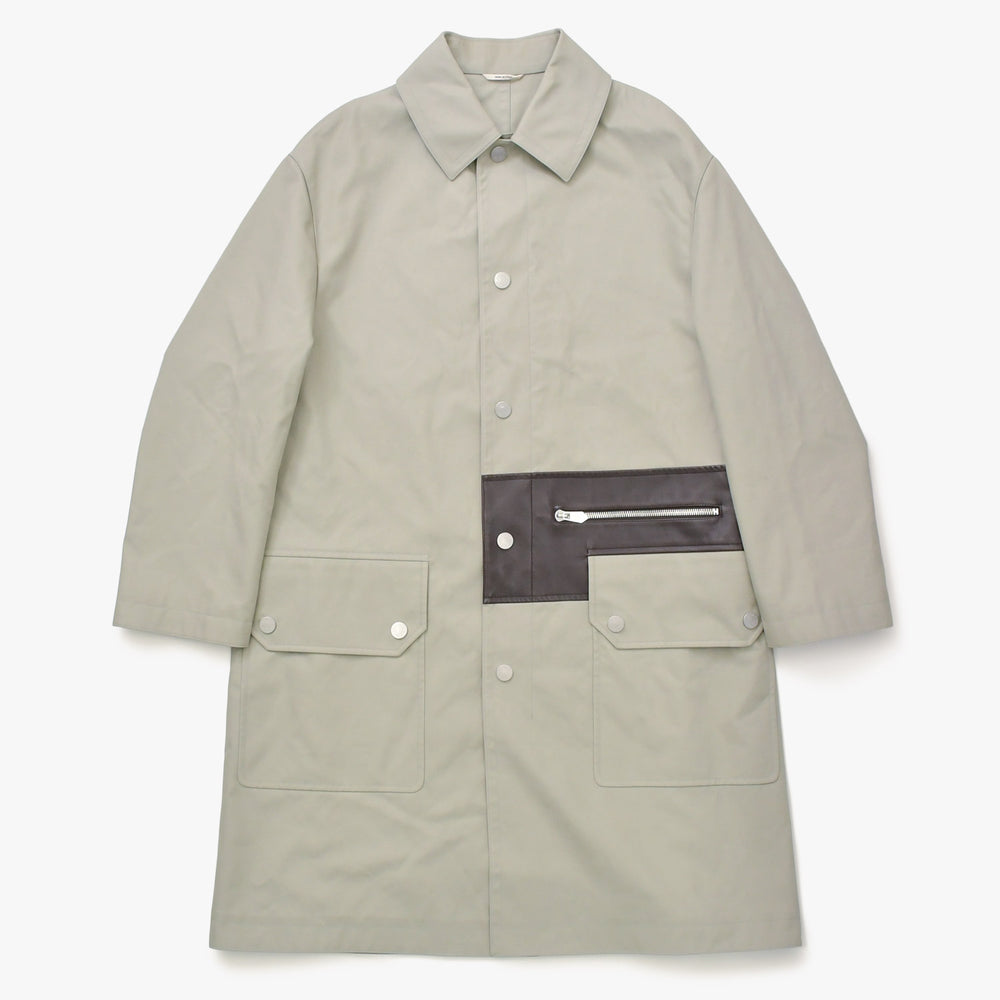 極美品 HERMES エルメス レザーディティール ステンカラーコート PT9010 50サイズ ブラウン セージグリーン シルバー金具 中古 4a007050