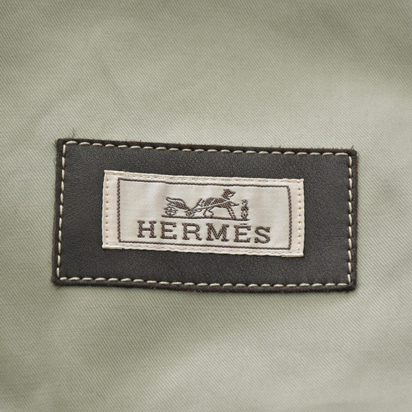 極美品 HERMES エルメス レザーディティール ステンカラーコート PT9010 50サイズ ブラウン セージグリーン シルバー金具 中古 4a007050