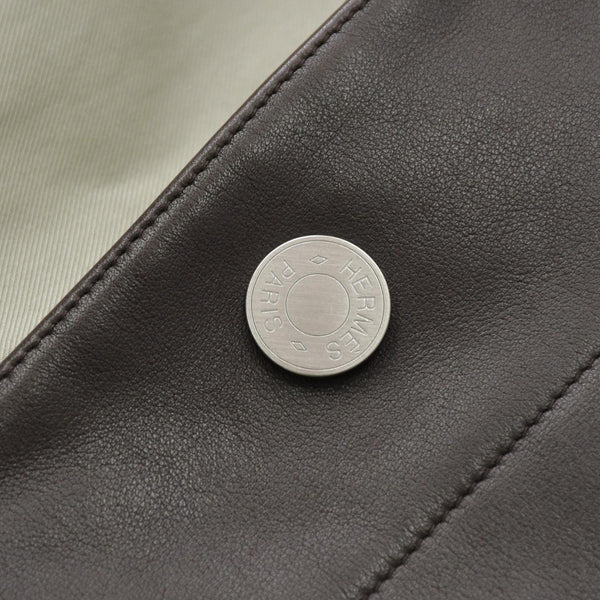 極美品 HERMES エルメス レザーディティール ステンカラーコート PT9010 50サイズ ブラウン セージグリーン シルバー金具 中古 4a007050
