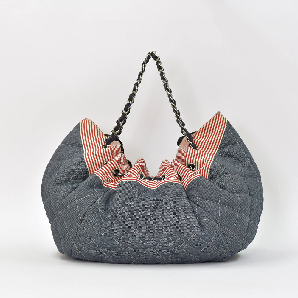 CHANEL シャネル ココカバスGM チェーントートバッグ A46887 13番台 ココマーク デニム キャンバス ストライプ シルバー金具 美品 中古 4b007857
