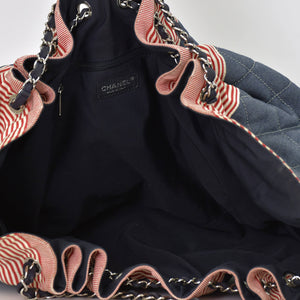 CHANEL シャネル ココカバスGM チェーントートバッグ A46887 13番台 ココマーク デニム キャンバス ストライプ シルバー金具 美品 中古 4b007857