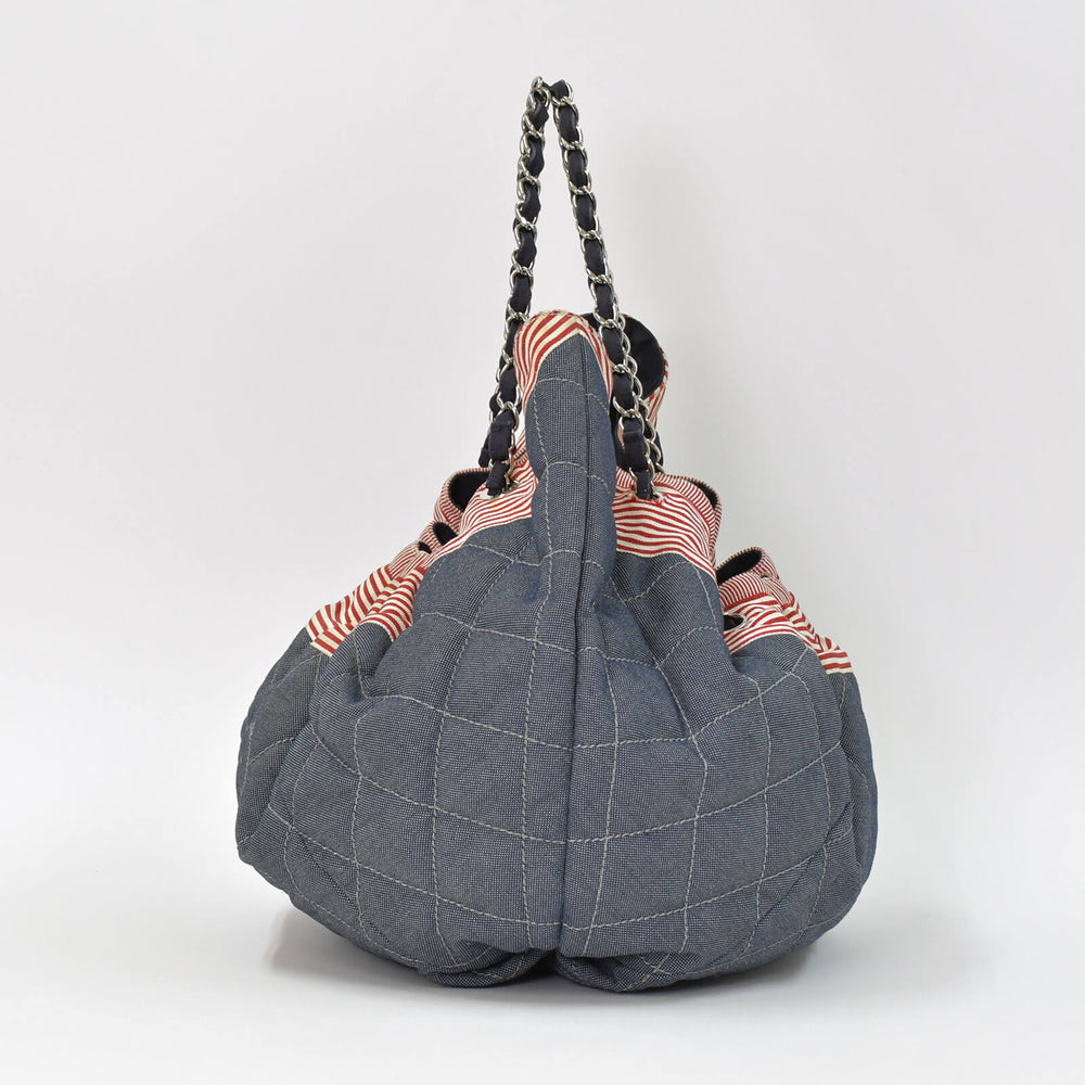 CHANEL シャネル ココカバスGM チェーントートバッグ A46887 13番台 ココマーク デニム キャンバス ストライプ シルバー金具 美品 中古 4b007857