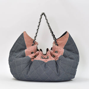 CHANEL シャネル ココカバスGM チェーントートバッグ A46887 13番台 ココマーク デニム キャンバス ストライプ シルバー金具 美品 中古 4b007857
