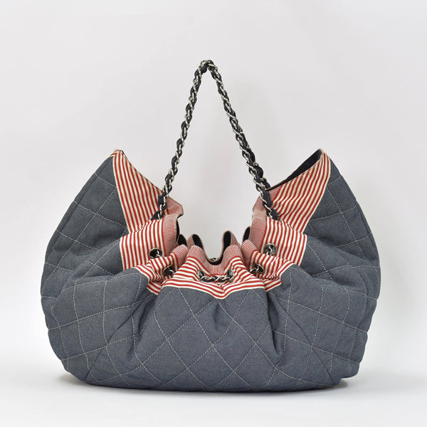 CHANEL シャネル ココカバスGM チェーントートバッグ A46887 13番台 ココマーク デニム キャンバス ストライプ シルバー金具 美品 中古 4b007857
