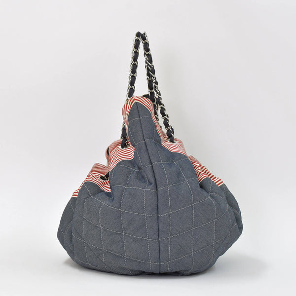 CHANEL シャネル ココカバスGM チェーントートバッグ A46887 13番台 ココマーク デニム キャンバス ストライプ シルバー金具 美品 中古 4b007857