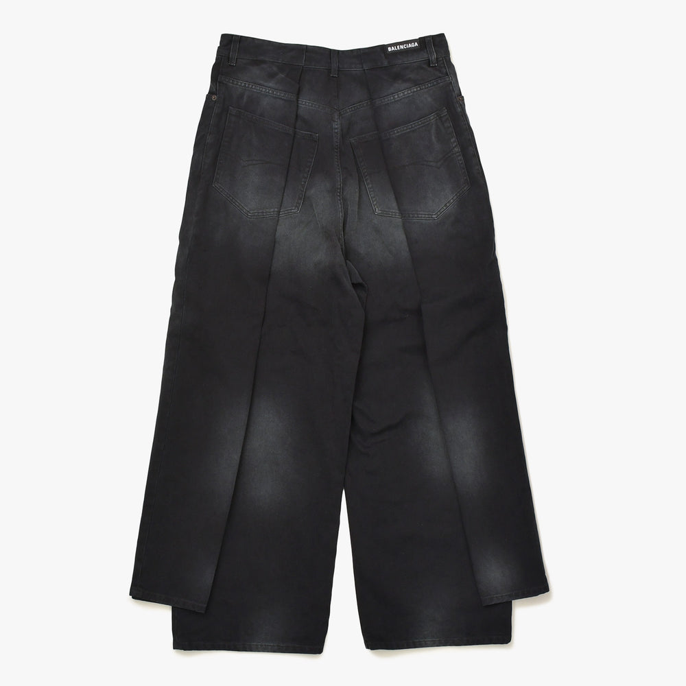 極美品 BALENCIAGA バレンシアガ デニムパンツ 23AW DOUBLE TROUSERS ダブルサイド ワイドデニムパンツ 767983 サイズM ブラック 中古 4a007248