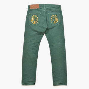 BILLIONAIRE BOYS CLUB ビリオネアボーイズクラブ ストレートデニムパンツ グリーン Mサイズ ヘルメットロゴ シルバー金具 美品 中古 4a007304