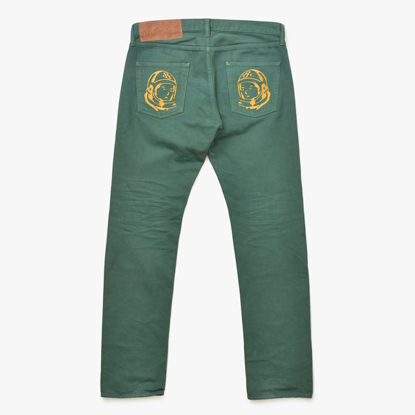 BILLIONAIRE BOYS CLUB ビリオネアボーイズクラブ ストレートデニムパンツ グリーン Mサイズ ヘルメットロゴ シルバー金具 美品 中古 4a007304