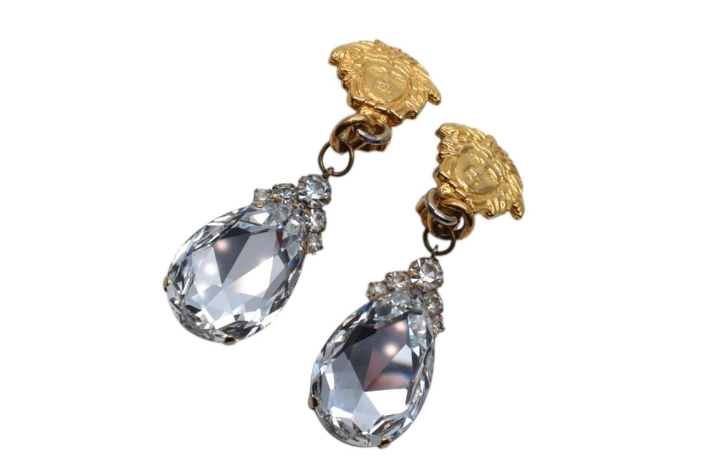 Gianni Versace Medusa Crystal Earrings Gold 33.8g Rhinestone Plated Accessories Jewelry Used 4c074264