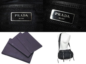 PRADA プラダ ナイロン スタッズ ショルダーバッグ ブラック トライアングルロゴ シルバー金具 黒 レザー 中古 4c074492