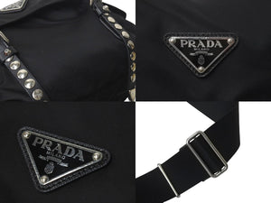 PRADA プラダ ナイロン スタッズ ショルダーバッグ ブラック トライアングルロゴ シルバー金具 黒 レザー 中古 4c074492