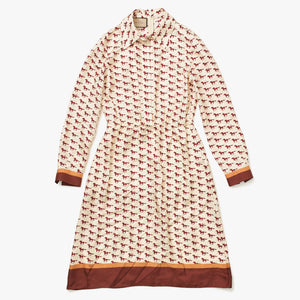 極美品 GUCCI グッチ ロングシャツ ワンピース ベージュ レッド サイズ38 ホースプリントワンピース 770153 中古 4a007477