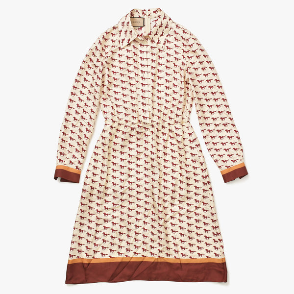 極美品 GUCCI グッチ ロングシャツ ワンピース ベージュ レッド サイズ38 ホースプリントワンピース 770153 中古 4a007477
