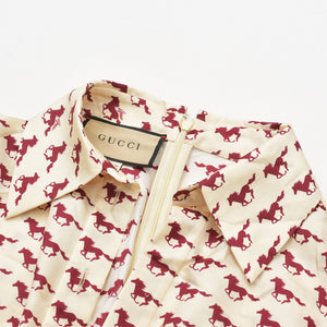 極美品 GUCCI グッチ ロングシャツ ワンピース ベージュ レッド サイズ38 ホースプリントワンピース 770153 中古 4a007477