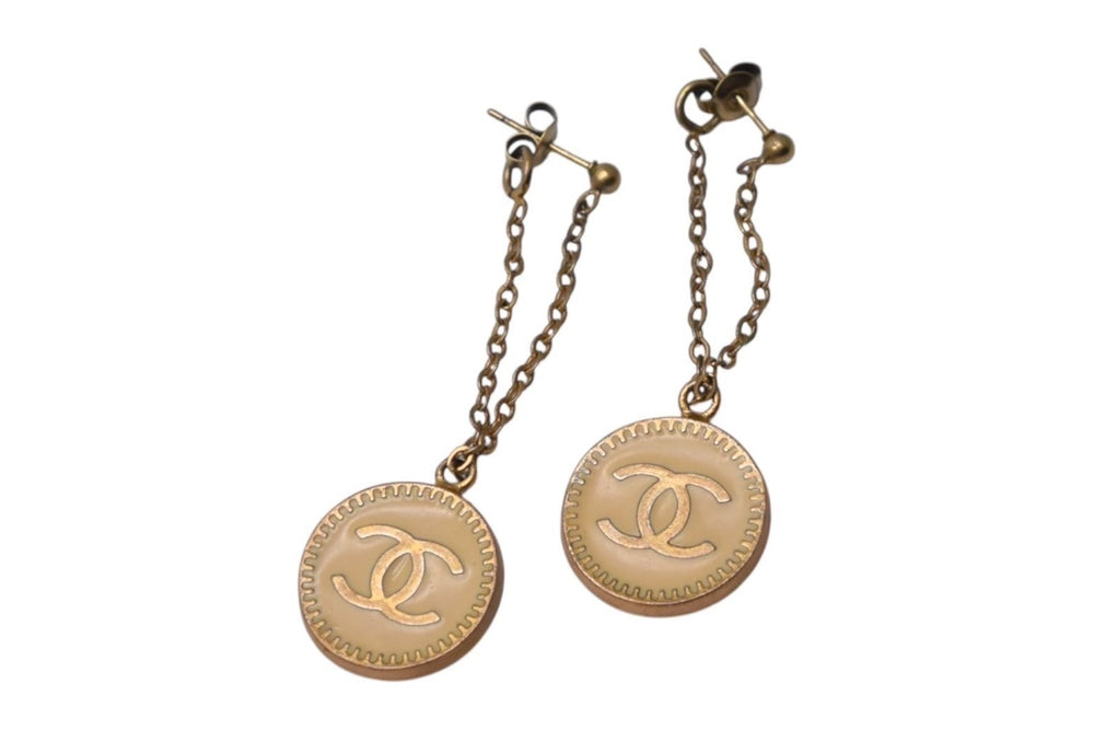 CHANEL Chanel Earrings Coco Mark Chain Dangle Coin 01P Stamp GP 3.4g Ivory Gold Good Condition Used 4c075470