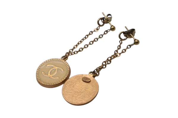 CHANEL Chanel Earrings Coco Mark Chain Dangle Coin 01P Stamp GP 3.4g Ivory Gold Good Condition Used 4c075470