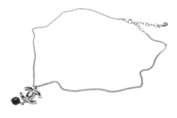 Very Good Condition CHANEL Coco Mark Necklace Accessory 08P Engraved Metal Black Stone Silver Black Used 4c075485