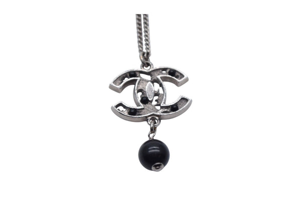 Very Good Condition CHANEL Coco Mark Necklace Accessory 08P Engraved Metal Black Stone Silver Black Used 4c075485