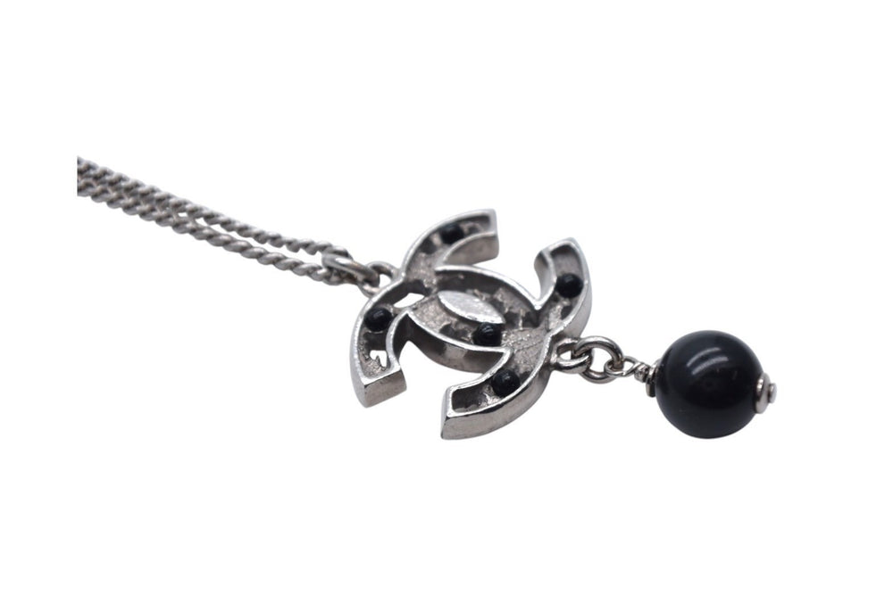Very Good Condition CHANEL Coco Mark Necklace Accessory 08P Engraved Metal Black Stone Silver Black Used 4c075485