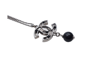 Very Good Condition CHANEL Coco Mark Necklace Accessory 08P Engraved Metal Black Stone Silver Black Used 4c075485