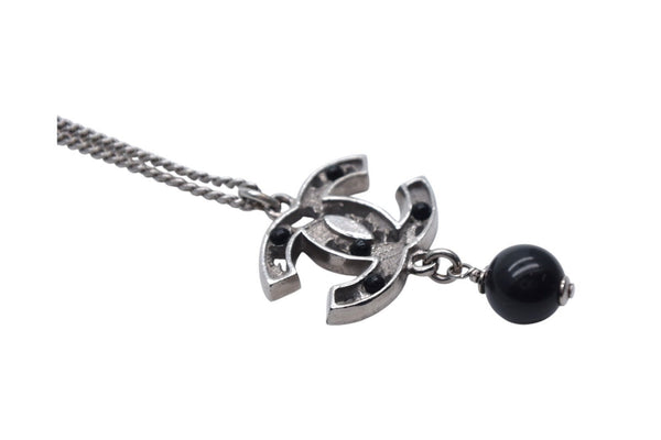 Very Good Condition CHANEL Coco Mark Necklace Accessory 08P Engraved Metal Black Stone Silver Black Used 4c075485