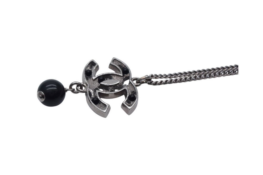 Very Good Condition CHANEL Coco Mark Necklace Accessory 08P Engraved Metal Black Stone Silver Black Used 4c075485
