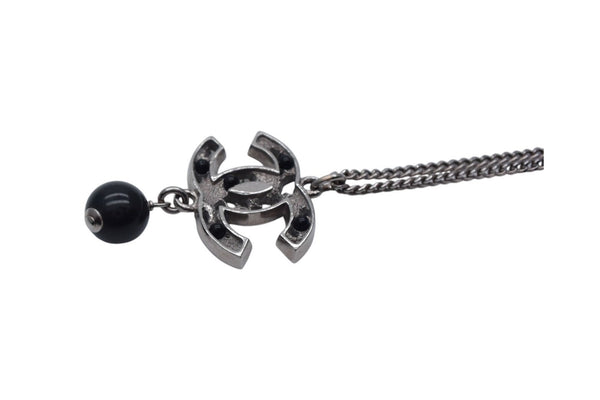Very Good Condition CHANEL Coco Mark Necklace Accessory 08P Engraved Metal Black Stone Silver Black Used 4c075485