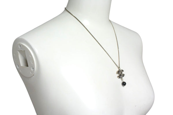 Very Good Condition CHANEL Coco Mark Necklace Accessory 08P Engraved Metal Black Stone Silver Black Used 4c075485