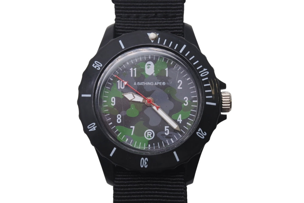 Very good condition A BATHING APE wristwatch rotating bezel camouflage pattern black green silver hardware used 4c076255