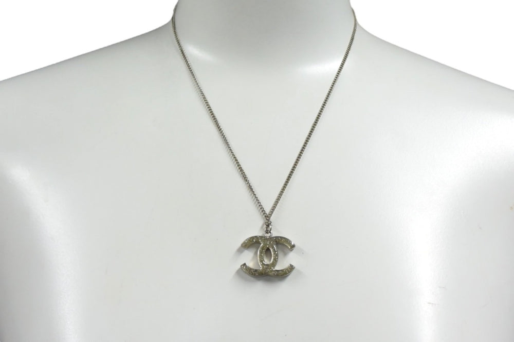 CHANEL Cocomark Necklace Weight Approx. 9.5g Total Length Approx. 44cm 10A Engraved Rhinestone Resin Silver Good Condition Used 4c076477