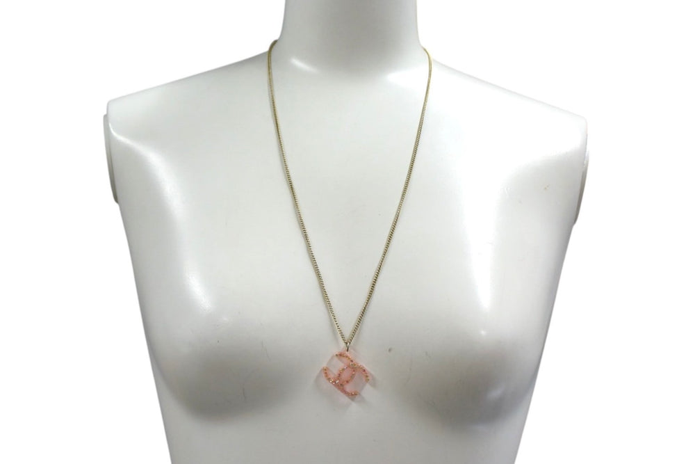CHANEL Coco Mark Necklace Weight approx. 6.2g 04A stamp Total length approx. 61.5cm Rhinestone Metal Clear Pink Gold Good Condition Used 4c076492
