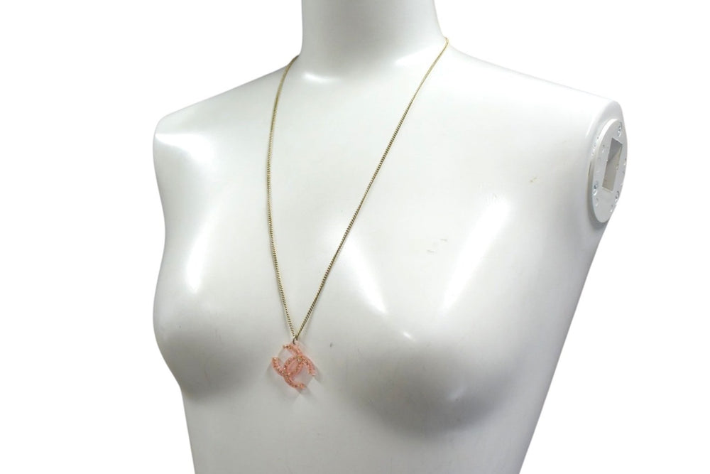 CHANEL Coco Mark Necklace Weight approx. 6.2g 04A stamp Total length approx. 61.5cm Rhinestone Metal Clear Pink Gold Good Condition Used 4c076492