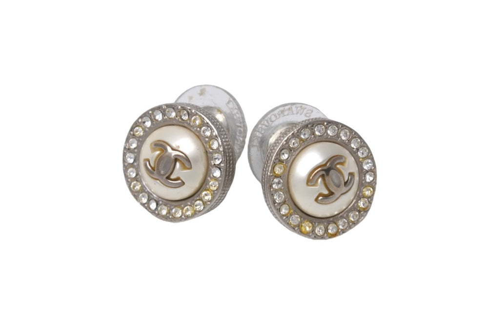 CHANEL Round Coco Mark Pearl Rhinestone Earrings Silver Metal Logo 4g A18P Accessories Jewelry Small Item Good Condition Used 4c076563