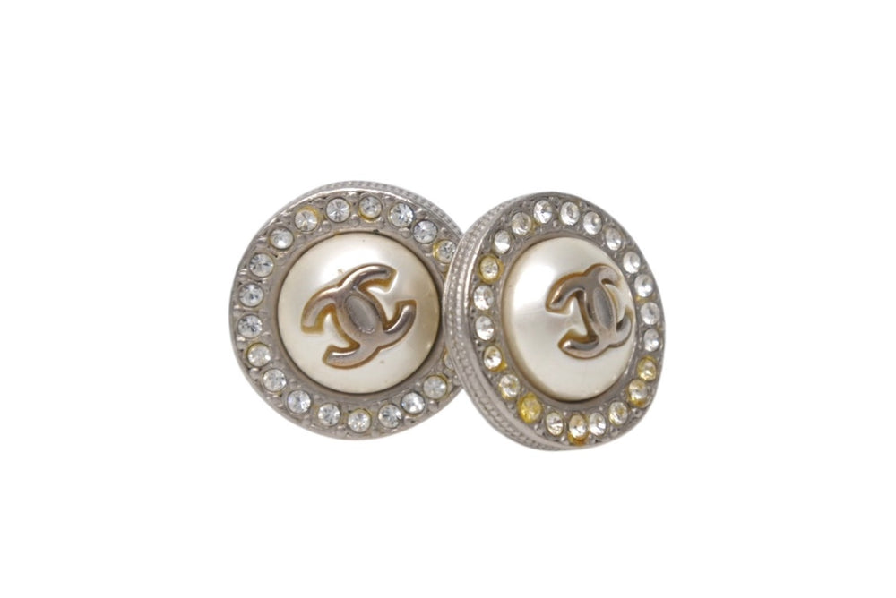 CHANEL Round Coco Mark Pearl Rhinestone Earrings Silver Metal Logo 4g A18P Accessories Jewelry Small Item Good Condition Used 4c076563