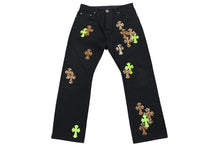 画像をギャラリービューアに読み込む, 極美品 CHROME HEARTS クロムハーツ JEAN STRTLG FBRC デニムクロスパッチ ストレートデニムパンツ ブラック レオパード サイズ34 中古 4c076690