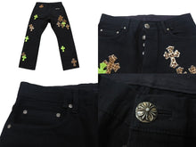 画像をギャラリービューアに読み込む, 極美品 CHROME HEARTS クロムハーツ JEAN STRTLG FBRC デニムクロスパッチ ストレートデニムパンツ ブラック レオパード サイズ34 中古 4c076690