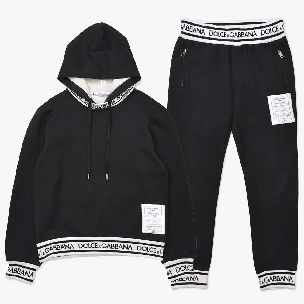 極美品 DOLCE&GABBANA ドルチェアンドガッバーナ ロゴジャガードテープセットアップ パーカー フーディ スウェットパンツ ブラック ホワイト 中古 4a007830