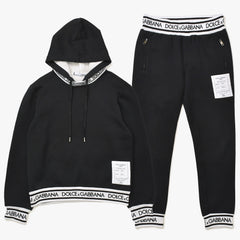 極美品 DOLCE&GABBANA ドルチェアンドガッバーナ ロゴジャガードテープセットアップ パーカー フーディ スウェットパンツ ブラック ホワイト 中古 4a007830